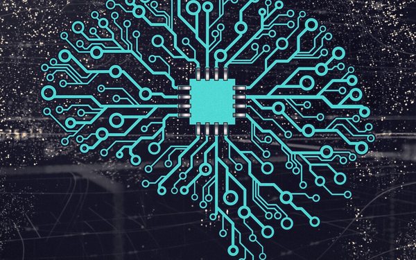 Abstract circuit diagram in the shape of a brain, representing automated decision making
