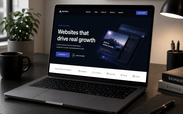 A laptop displaying a website homepage on a desk